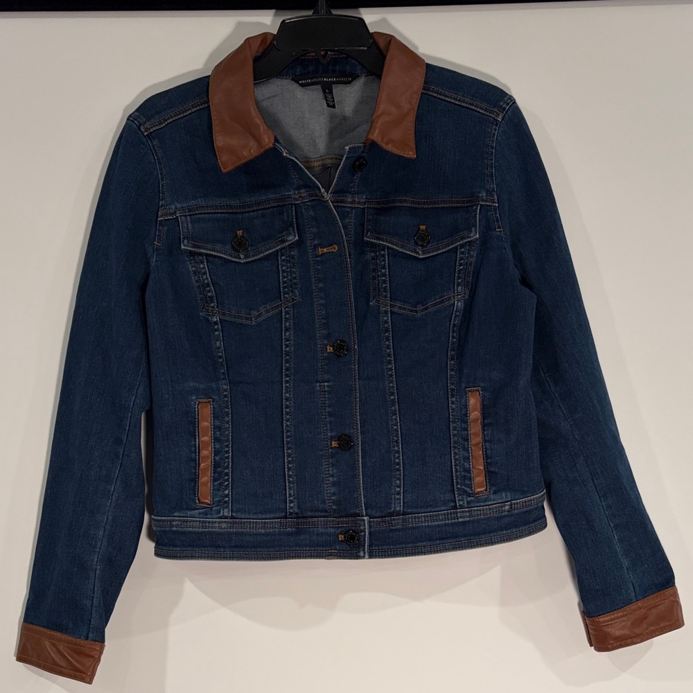 White House Black Market Denim Jacket with Brown Leather Accents